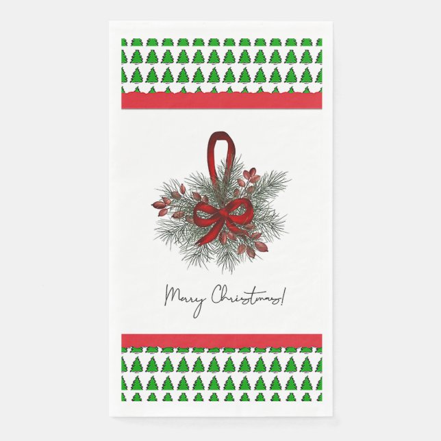 X-Mas Pine & Red Ribbon w/Tree Border  Paper Guest Towels (Front)