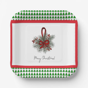 x-Mas Pine & Red Ribbon w/Tree Border Paper Plate