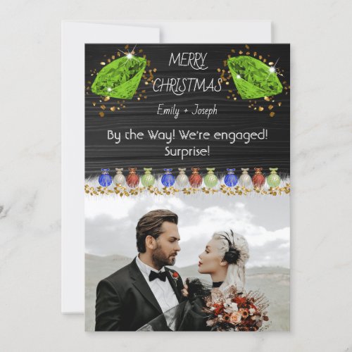 Xmas Surprise Engagement Green Diamond  Gold Holiday Card