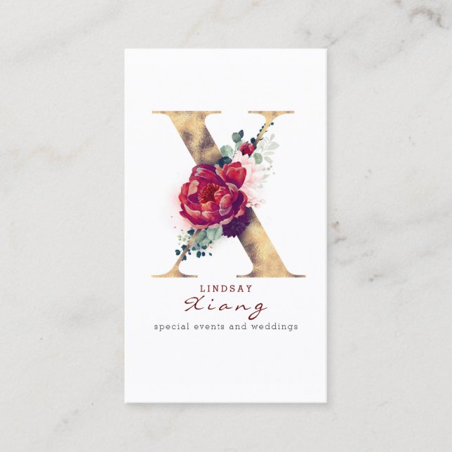 X Monogram Burgundy Red Flowers and Gold Glitter Business Card (Front)