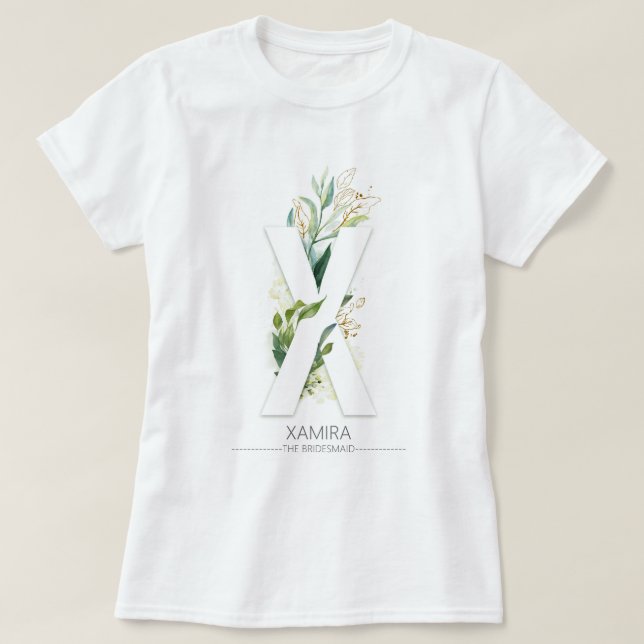 X Monogram Gold Greenery Leaves Elegant T-Shirt (Design Front)