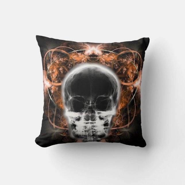  X-Ray Butterfly Fractal Skull - Orange Throw Pillow (Front)