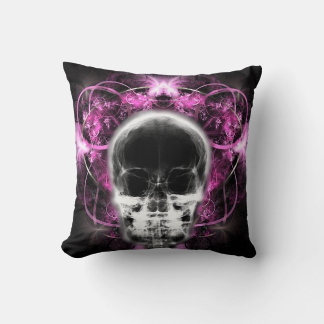  X-Ray Butterfly Fractal Skull - Pink Throw Pillow (Front)