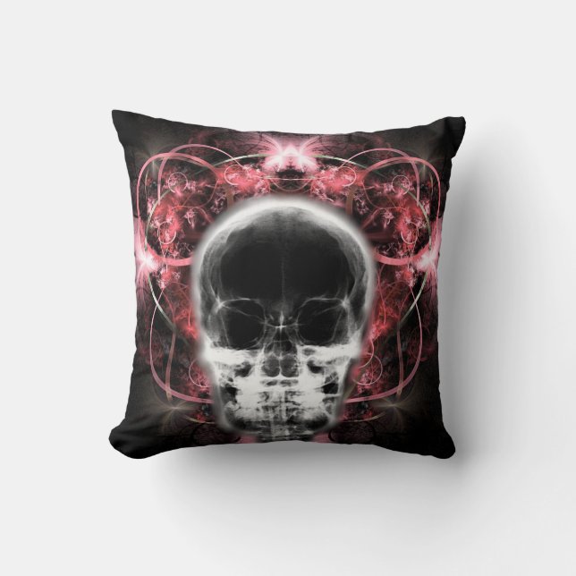  X-Ray Butterfly Fractal Skull - Red Throw Pillow (Front)