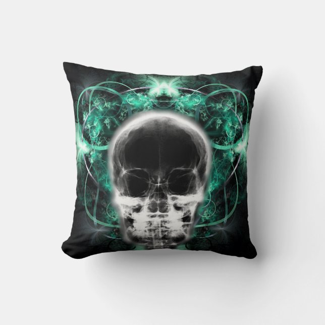  X-Ray Butterfly Fractal Skull - Teal Throw Pillow (Front)