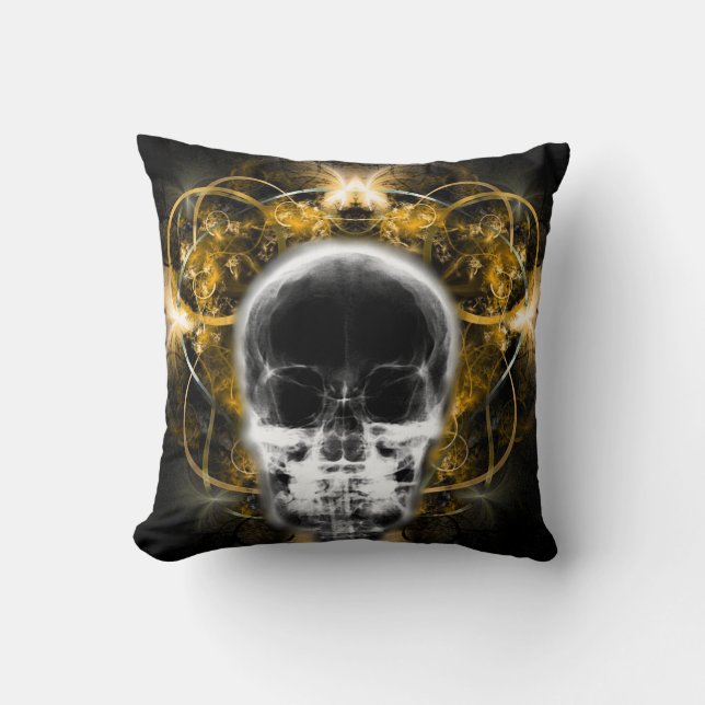  X-Ray Butterfly Fractal Skull - Yellow Throw Pillow (Front)