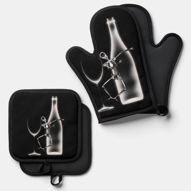 X-Ray Celebration Skeleton & Wine Oven Mitt & Pot Holder Set (Front/Back)
