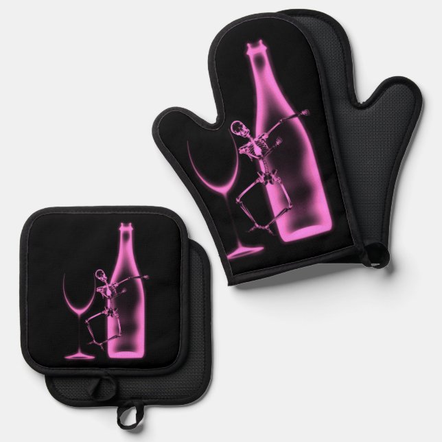 X-Ray Celebration Skeleton & Wine Oven Mitt & Pot Holder Set (Front/Back)