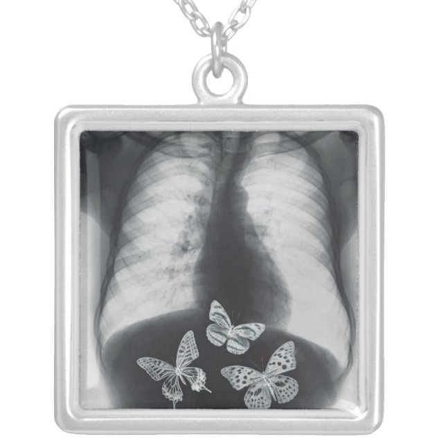 X-ray of butterflies in the stomach silver plated necklace (Front)