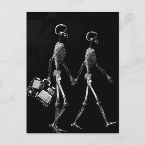 X_Ray Skeleton Couple Travelling Black White Postcard