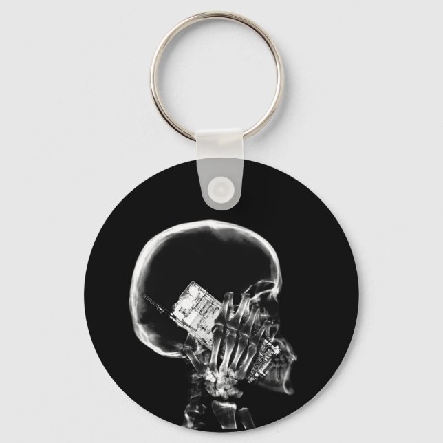 X-RAY SKELETON ON CELL PHONE BLACK & WHITE KEYCHAIN (Front)