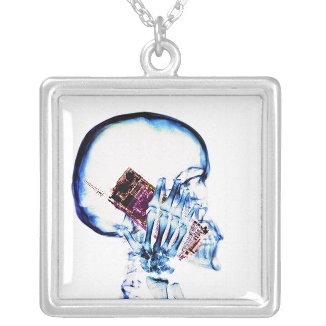 X-RAY SKELETON ON CELL PHONE SILVER PLATED NECKLACE (Front)
