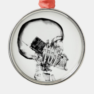 X-RAY SKELETON ON PHONE - B&W METAL ORNAMENT