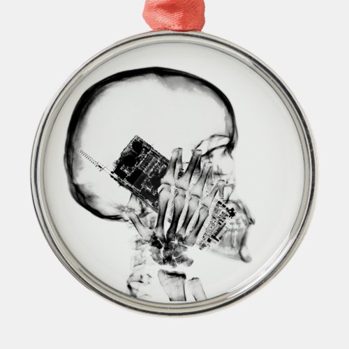 X_RAY SKELETON ON PHONE _ BW METAL ORNAMENT