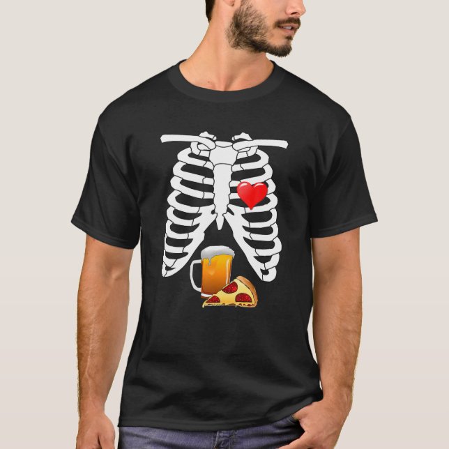 X-Ray Skeleton Ribs Pizza Beer Halloween Costume T-Shirt (Front)
