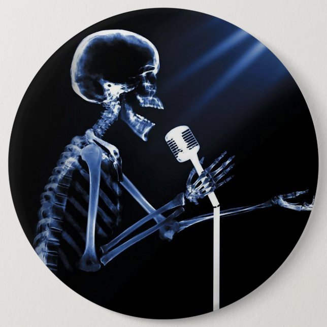 X-RAY SKELETON SINGING ON RETRO MIC - BLUE PINBACK BUTTON (Front)