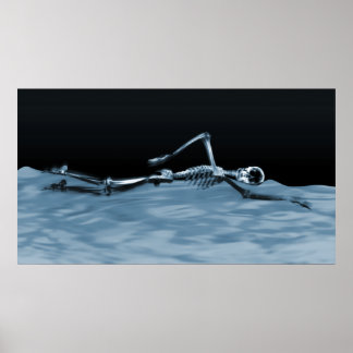X-Ray Skeleton Swimming in Lake Neg Blue Poster