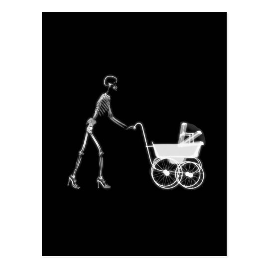 X-RAY SKELETON WOMAN & BABY CARRIAGE - B&W POSTCARD