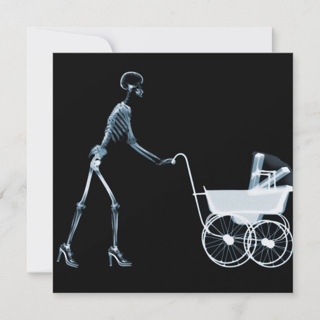 X-RAY SKELETON WOMAN & BABY CARRIAGE - BLUE INVITATION (Front)