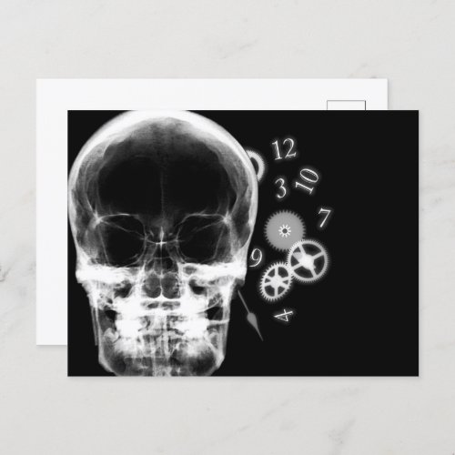 X_Ray Skull  Clock Parts _ BW Postcard
