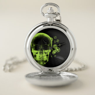 X-Ray Skull & Clock Parts - Lime Green Pocket Watch