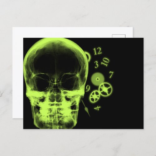 X_Ray Skull  Clock Parts _ Lime Green Postcard