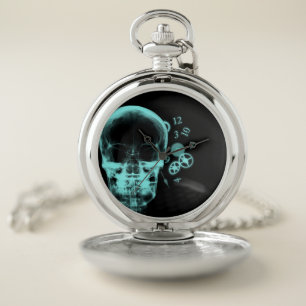 X-Ray Skull & Clock Parts - Teal Pocket Watch