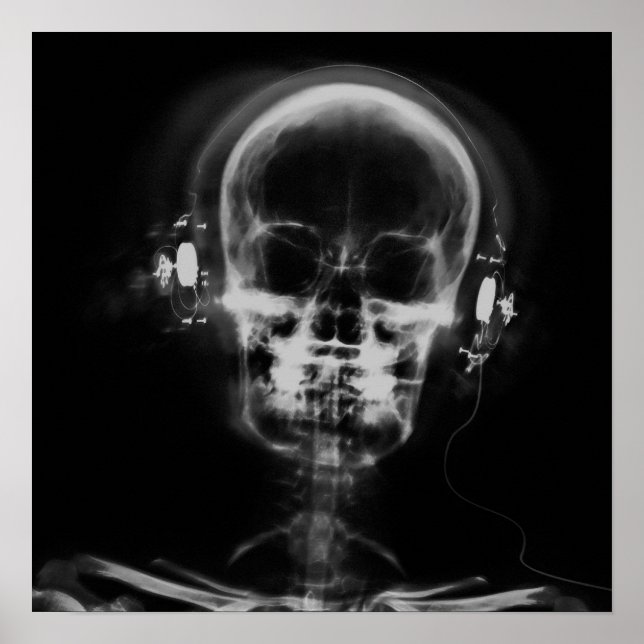X-Ray Skull with Headphones - B&W Poster (Front)