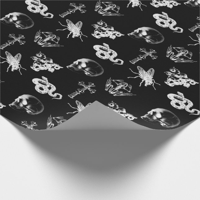 X-ray Skulls Snakes Crosses Halloween Black White Wrapping Paper (Corner)