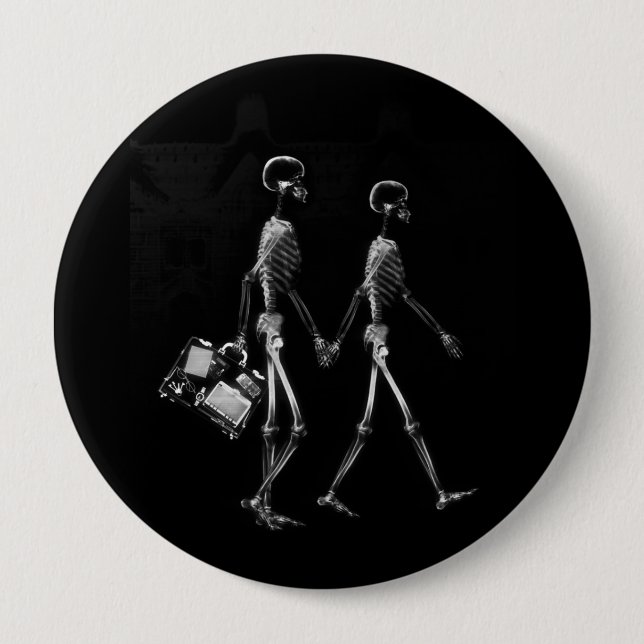 X-RAY VISION SKELETON COUPLE TRAVELING B&W PINBACK BUTTON (Front)