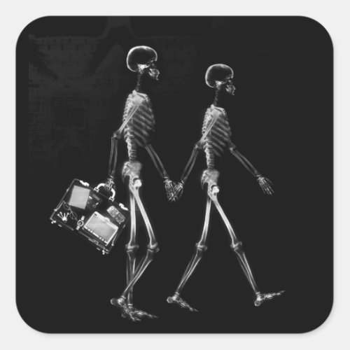 X_RAY VISION SKELETON COUPLE TRAVELING BW SQUARE STICKER