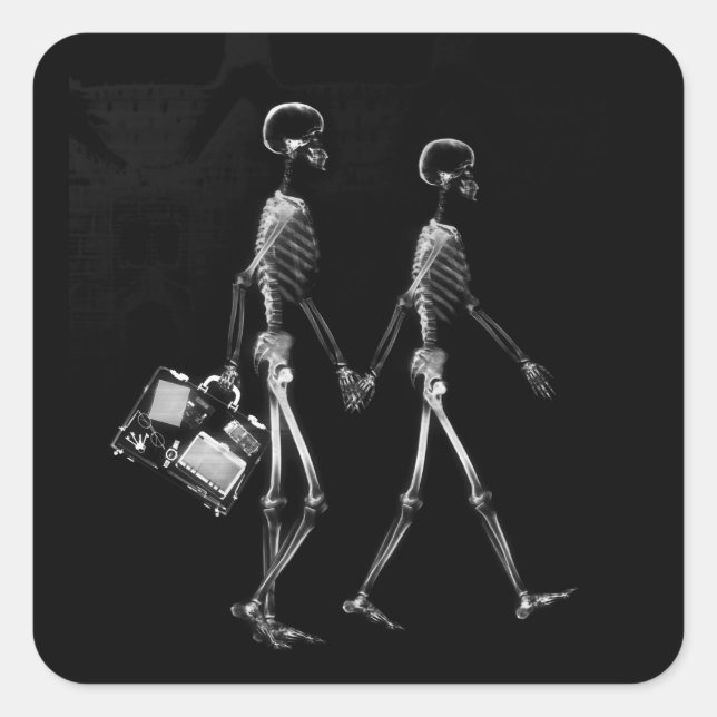 X-RAY VISION SKELETON COUPLE TRAVELING B&W SQUARE STICKER (Front)