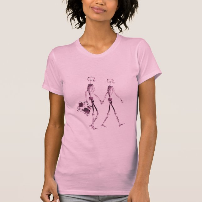 X-Ray Vision Skeleton Couple Traveling - Pink T-Shirt (Front)