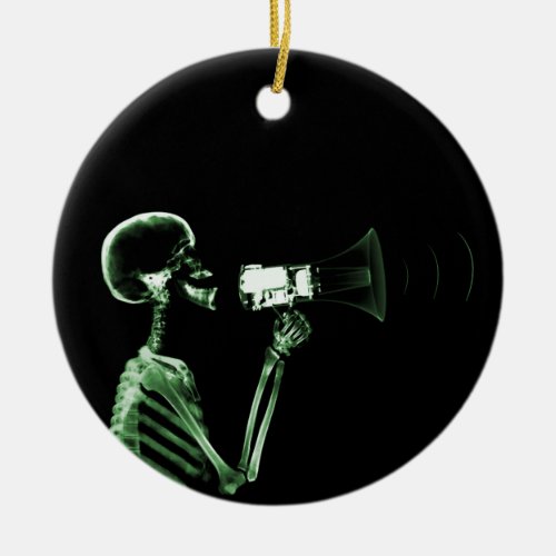 X_RAY VISION SKELETON ON MEGAPHONE _ GREEN CERAMIC ORNAMENT