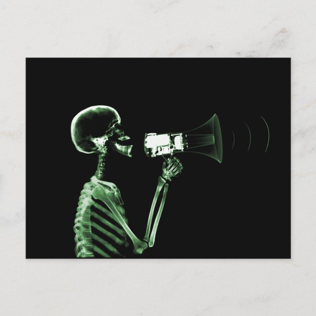 X-RAY VISION SKELETON ON MEGAPHONE - GREEN POSTCARD (Front)
