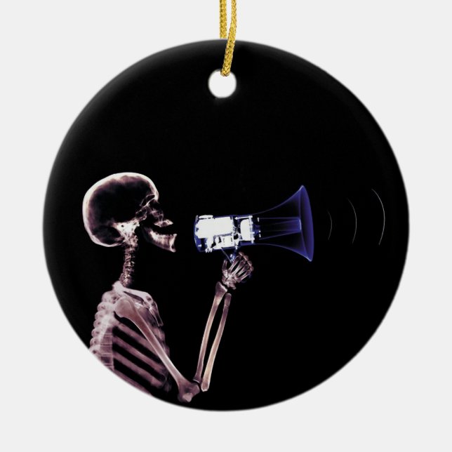 X-RAY VISION SKELETON ON MEGAPHONE - ORIGINAL CERAMIC ORNAMENT (Front)