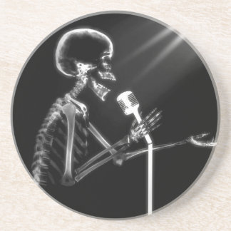 X-RAY VISION SKELETON SINGING ON RETRO MIC - B&W DRINK COASTER