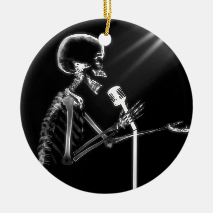 X RAY VISION SKELETON SINGING ON RETRO MIC   B&W ORNAMENT