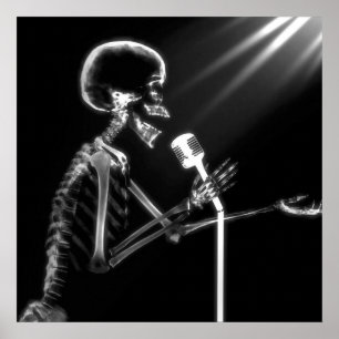X-RAY VISION SKELETON SINGING ON RETRO MIC - B&W POSTER
