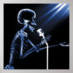 X-RAY VISION SKELETON SINGING ON RETRO MIC - BLUE POSTER