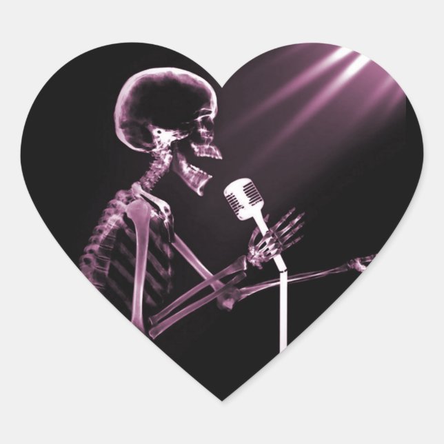 X-RAY VISION SKELETON SINGING ON RETRO MIC - PINK HEART STICKER (Front)