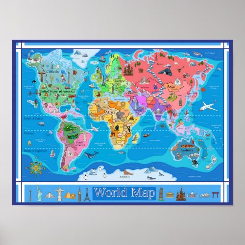 X Small Kids Illustrated World Map _ 146 X 138 Poster
