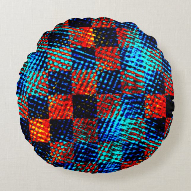 Xadrez azul, laranja quase vermelho, fake sujo round pillow (Front)