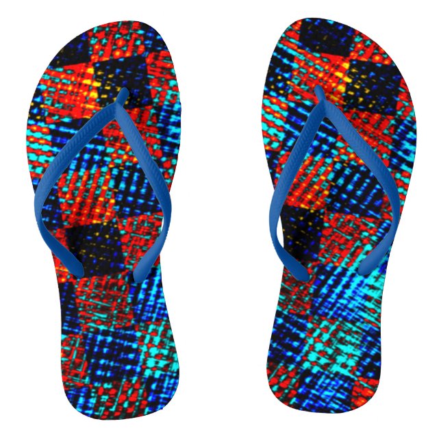 Xadrez laranja, azul, falso sujo com manchas. flip flops (Footbed)