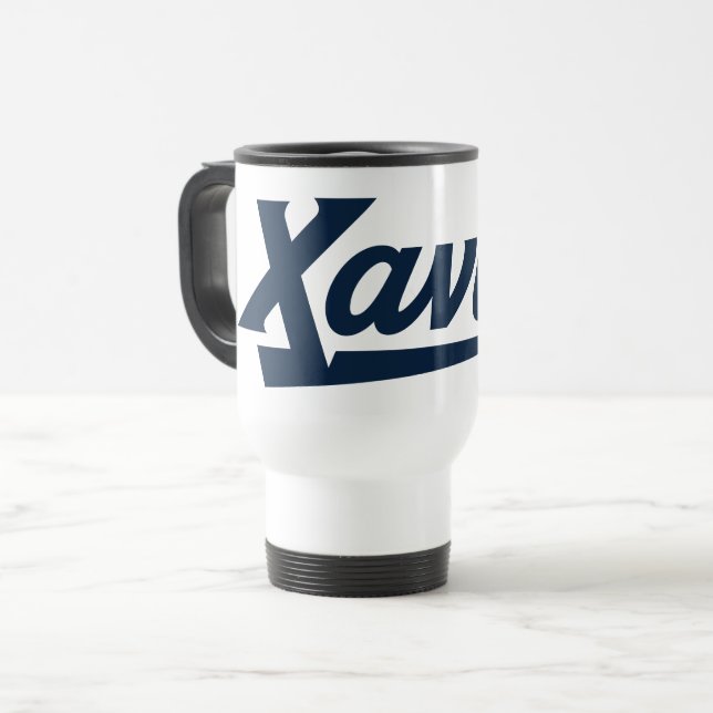 Xavier University Script Travel Mug (Front Left)