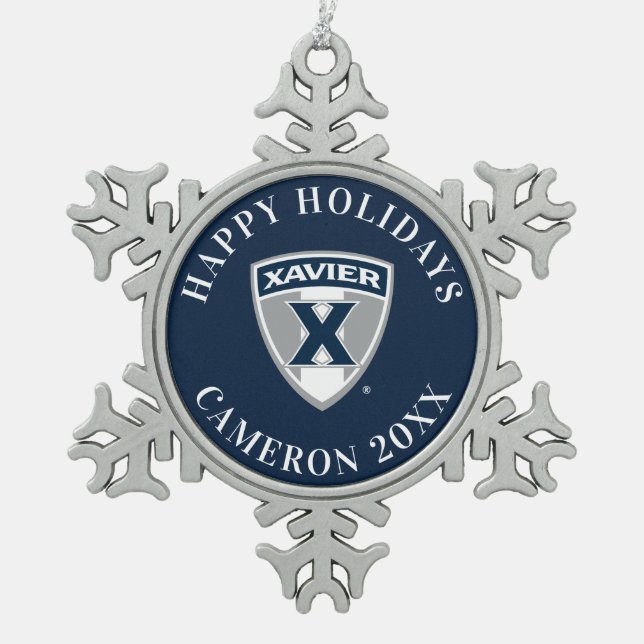 Xavier University Shield Snowflake Pewter Christmas Ornament (Front)