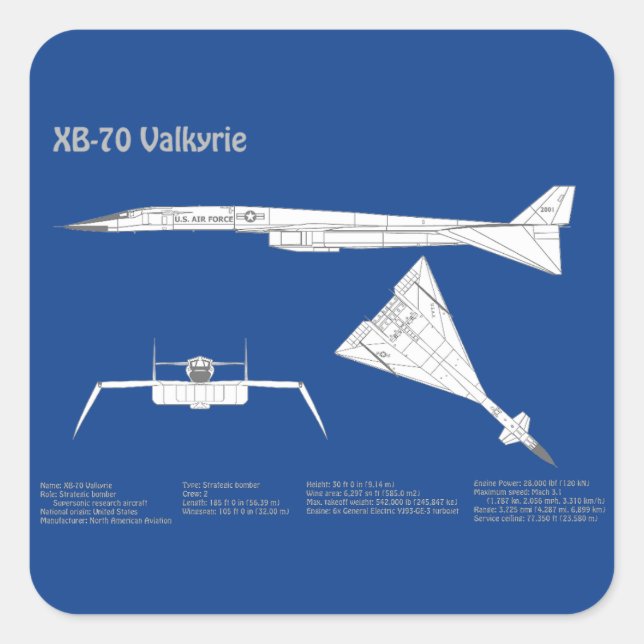XB-70 Valkyrie - Airplane Blueprint Plans ABD Square Sticker (Front)