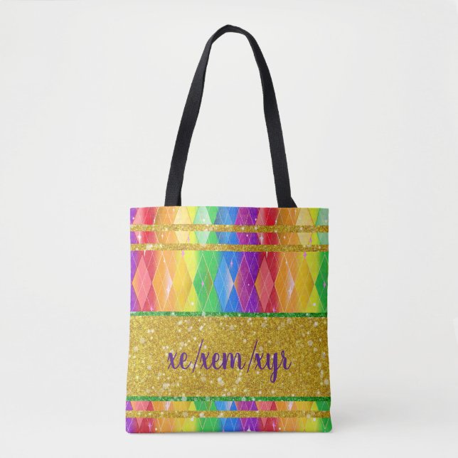 xe xem xyr pronoun glitter rainbow pride argyle tote bag (Front)