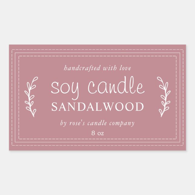 XL Homemade Soy Candle Foliage Dusty Rose Custom Rectangular Sticker (Front)