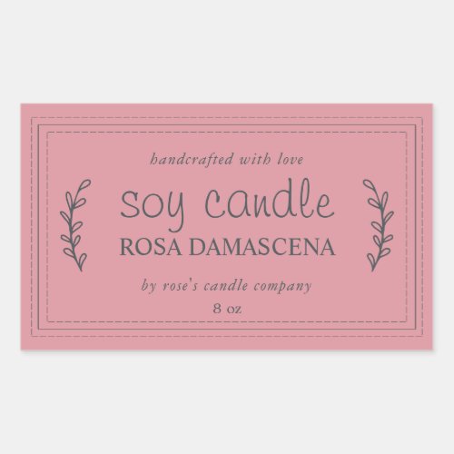 XL Homemade Soy Candle Foliage Dusty Rose Pink Rectangular Sticker